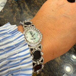 Victoria Wieck LADIES Watch Mother of Pearl Silver Tone & Black Enamel Crystals